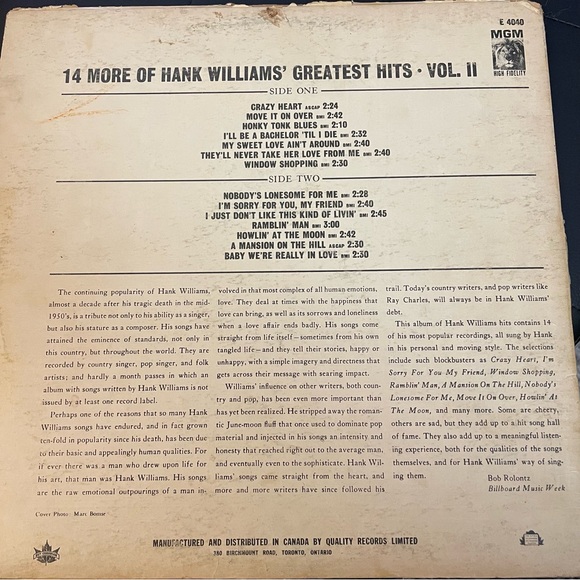Hank Williams 14 More Of Hank Williams Greatest Hits Vol. II 12" Album LP Vinyl - Picture 8 of 15